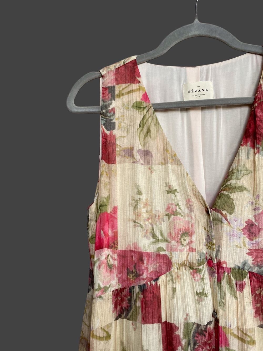 SEZANE Cream Red Rose Floral Patchwork Sleeveless Flowy Silk Alameda Maxi Dress - Picture 12 of 16